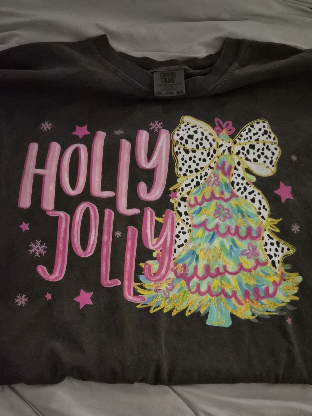 Comfort Colors Gray Tee with Pink "Holly Jolly" Graphic and Colorful Tree